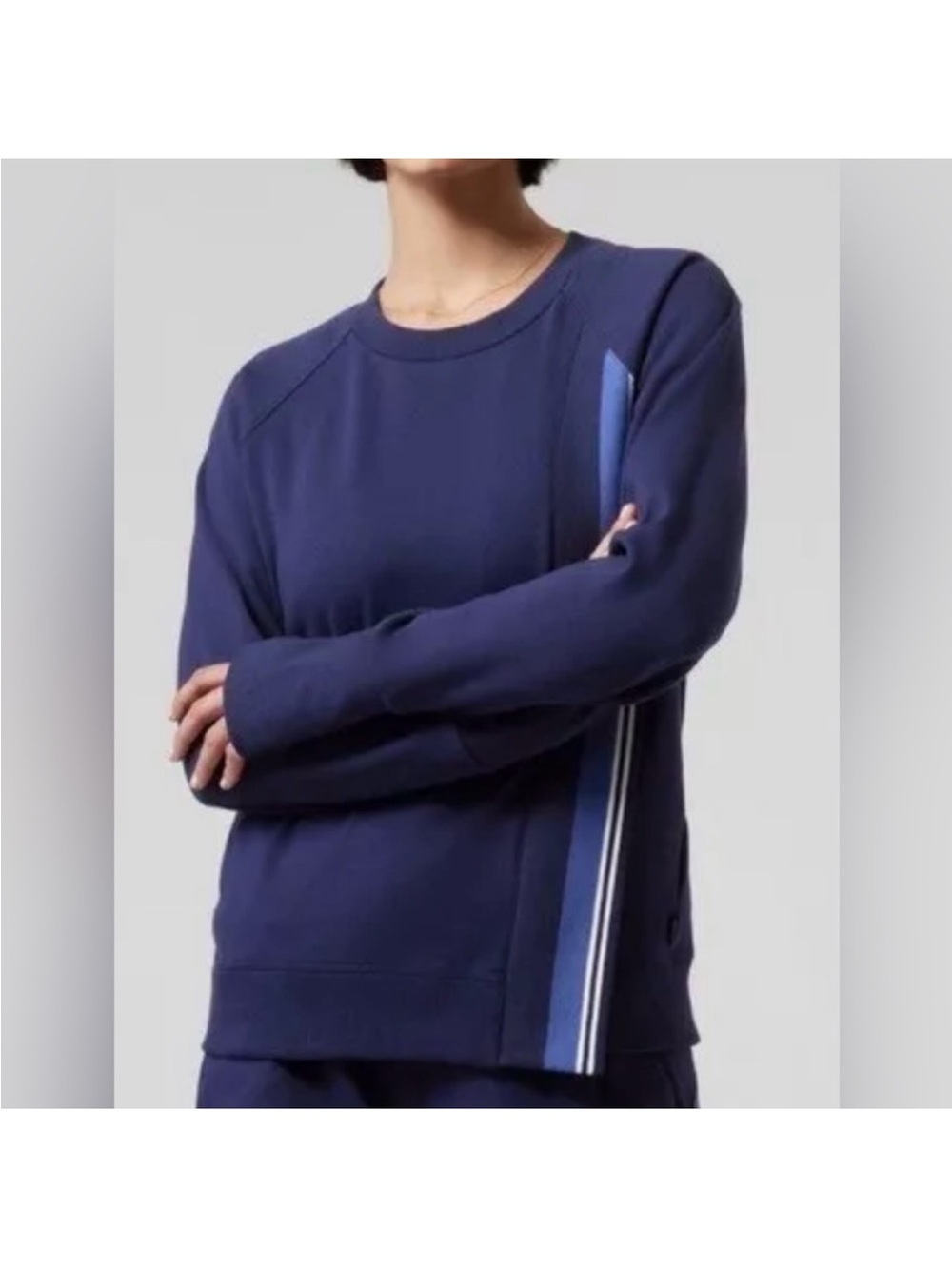 Athleta Navy Crewneck Stripe Detail Women's Sweatshirt triumph game point nwt sm